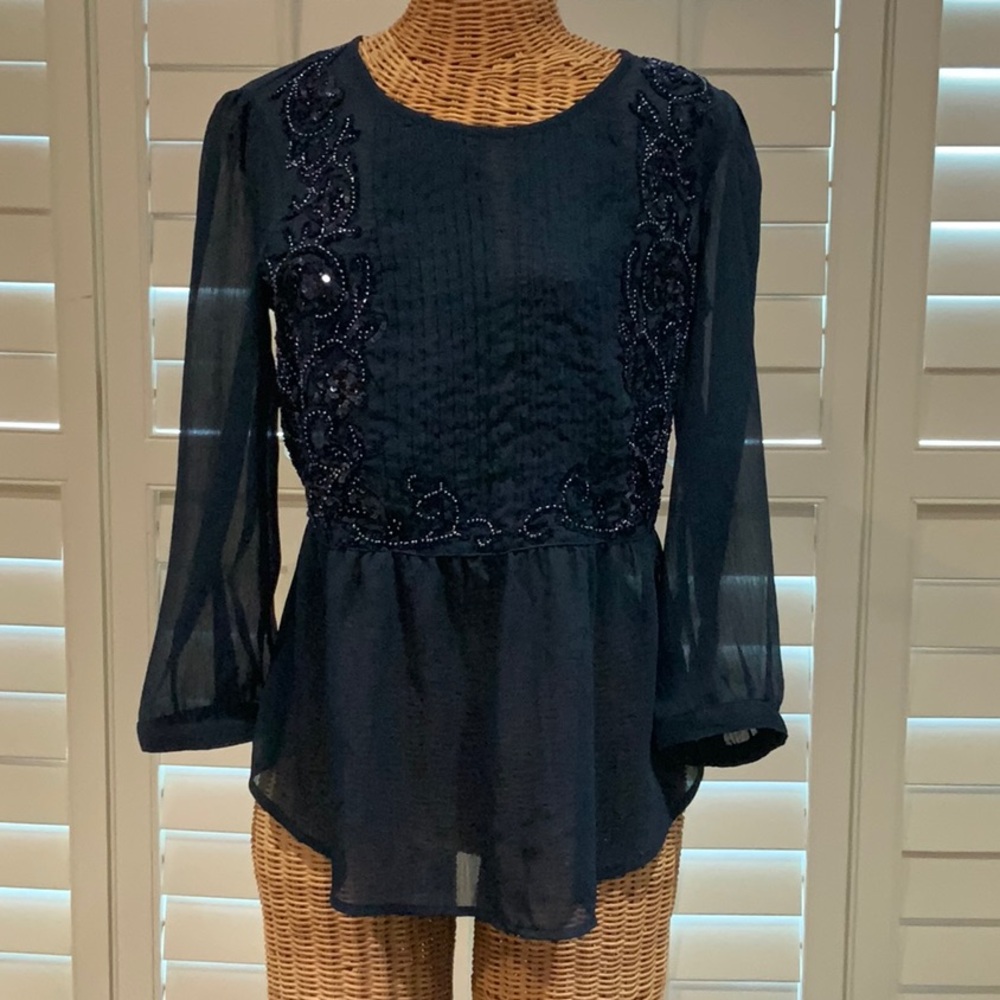 Navy Peplum Blouse w/Flutter Sleeves & Sequin Embellishment